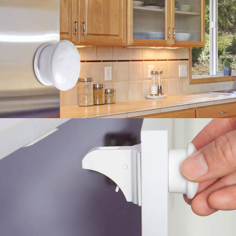 Magnetic Cabinet Locks For Babies Easy No Tool Install Baby Proofing Locks For Cabinets Drawers Doors And Kitchen Strong Adhesive 8 Pack With 2 Keys For Kid Safe Home And Peace Of Mind showing lock on cabinet