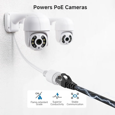 Snagless Cat 6 Ethernet Cable 20ft for gaming PCs, routers, 10Gbps, black, connecting PoE security cameras on wall