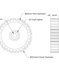 Technical diagram of Brass Spur Gear 30 Tooth Servo Gear 0 8 Mod For 25 Tooth Spline To Drive 90 Tooth Hub Gear Three To One Ratio