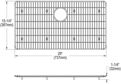 Diagram of Crosstown CTXBG2915 Built-To-Last Heavy-Duty Stainless Steel Bottom Grid For Sink Protection, dimensions 29 x 15 1/4 x 1 1/4 inches.