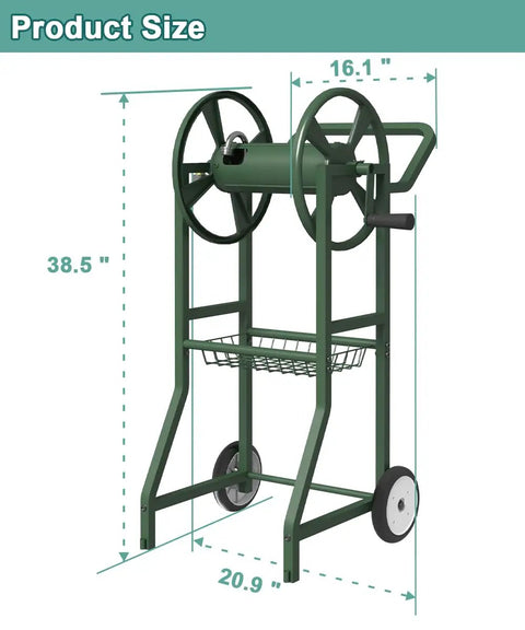 Heavy Duty Garden Hose Reel Cart With Wheels Keeps Your Hose Neat And Ready Holds Up To One Hundred Twenty Five Feet Of Five Eighth Inch Hose Plus A Three Point Nine Foot Leader Hose And Basket Powder Coated Steel Water Winder For Backyard Yard And Lawn in green measuring 38.5x20.9x16.1 inches.