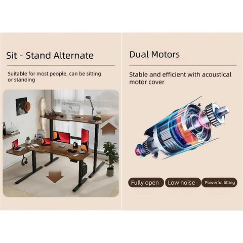 Fly Electric Height Adjustable L Shaped Standing Desk With Smooth Sit Stand Motion Heavy Duty Steel Frame And Pristine White Wood Top showing sit-stand alternate feature and dual motors.