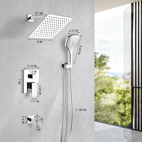 Chrome Shower Tub Faucet Set With 8 Inch Shower Head, Wall Mounted Tub Spout, Single Handle Trim Kit, Rough In Valve Included For Modern Bathroom Reno, Easy Install And Smooth Water Control displayed against a modern bathroom wall