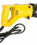 Steel Dragon 5/8 Inch Electric Rebar Cutter, 1050W Hydraulic Rebar Bucker with yellow handle and power cord.