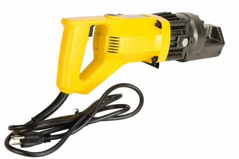 Steel Dragon 5/8 Inch Electric Rebar Cutter, 1050W Hydraulic Rebar Bucker with yellow handle and power cord.