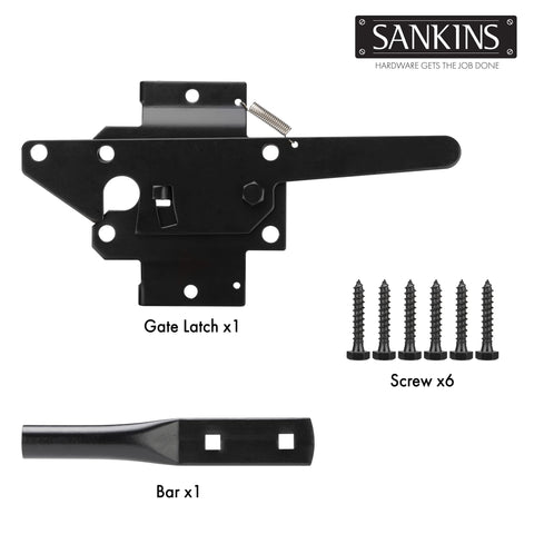 Beefy Self Locking Gate Latch For Wood And PVC Fences with screws and bar, heavy duty post mount with gravity release, weatherproof hardware
