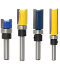 Premium One Piece Flush Trim Router Bit With 1/4 Inch Shank Bearing for smooth woodworking cuts, showing four bits in different colors.