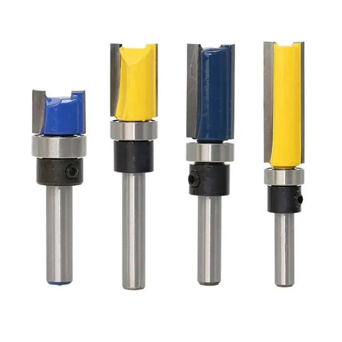 Premium One Piece Flush Trim Router Bit With 1/4 Inch Shank Bearing for smooth woodworking cuts, showing four bits in different colors.