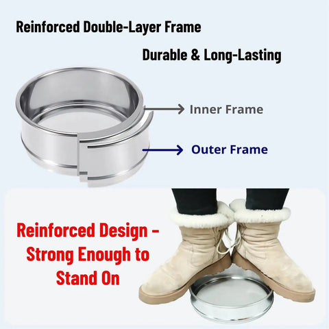 140 Mesh Stainless Steel Lab Sieve 8 Inch Sifter with reinforced double-layer frame, strong enough to stand on
