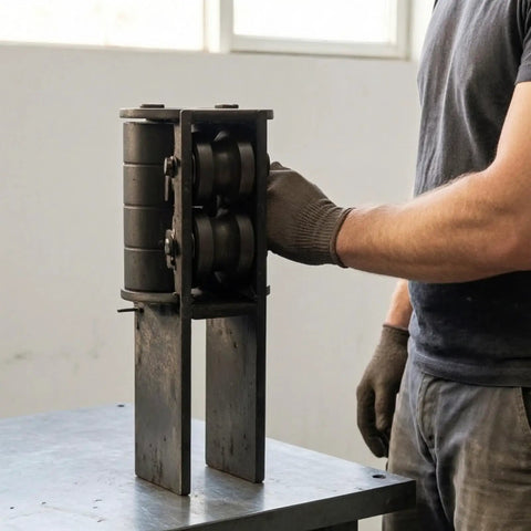 Feed Inlet Assembly For Steel Bar Straightening Machine Heavy Duty Beefy Metal Component With Legs And Guide Eyelet Black Industrial Repair Part for feeding bars