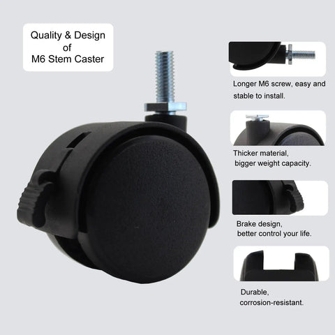 Roll Like A Dream 4 Pack of 1.5 Inch M6 Threaded Stem Swivel Caster Wheels with Locking Brakes showing design details and features.