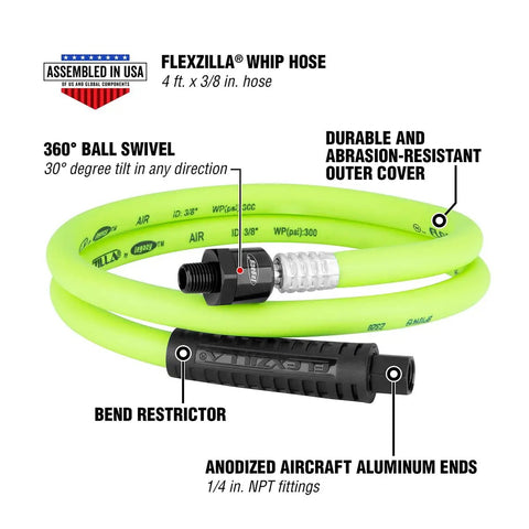 Swivel Air Hose 3/8 In X 4 Ft Workhorse Heavy Duty Hybrid Polymer Coil Hose with 1/4 MNPT Ball Swivel, ZillaGreen