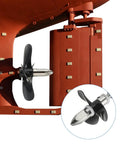 Beefed Up Pro Grade RC Boat Drive Shaft With 3 Blade Stainless Propeller Universal Joint Coupler Kit shown installed on boat