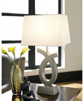 Modern 28 Inch Art Sculpted Table Lamp Two Pack in Silver Finish With White Rectangular Shade Resin Base Lit Living Room Lighting