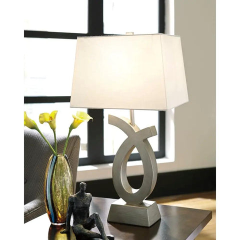Modern 28 Inch Art Sculpted Table Lamp Two Pack in Silver Finish With White Rectangular Shade Resin Base Lit Living Room Lighting