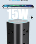 17 In 1 Power Strip Tower With Wireless Charger, Flat Plug Surge Protector, 10ft Extension Cord, 12 AC Outlets And 4 USB Ports (2 USB-C, 2 USB-A), 15W Wireless Charging For Home Office Dorm, Black 15W wireless charger on black power strip tower
