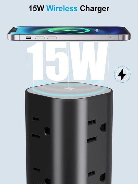 17 In 1 Power Strip Tower With Wireless Charger, Flat Plug Surge Protector, 10ft Extension Cord, 12 AC Outlets And 4 USB Ports (2 USB-C, 2 USB-A), 15W Wireless Charging For Home Office Dorm, Black 15W wireless charger on black power strip tower