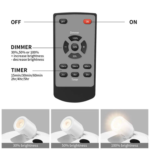 Wireless Picture Light With Remote For Art And Photos showing remote control with dimming and timer functions, and LED light brightness levels.