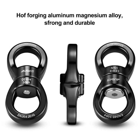 Beefy Black Swing Swivel With 360 Degree Rotation, Industrial Grade Hanging Accessory, 35 kN Capacity, side and front view