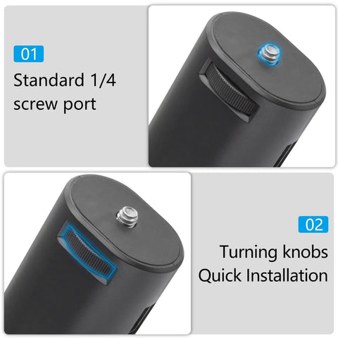 Close-up of Handheld Battery Mount With 10000mAh Power Bank Charger showing 1/4 screw port and installation knobs.