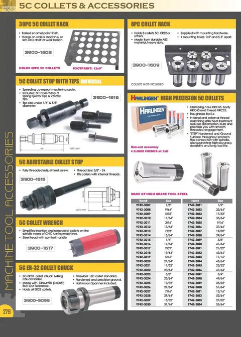 Various 5C collets and accessories for machine tools, including collet racks, collet stops, wrenches, and high precision collets.