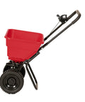 Side view of Deluxe Heavy-Duty Walk-Behind Commercial Broadcast Spreader with 80 lb capacity and 10-inch poly tires.