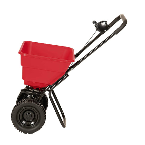 Side view of Deluxe Heavy-Duty Walk-Behind Commercial Broadcast Spreader with 80 lb capacity and 10-inch poly tires.