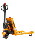 Apollolift 3300 Lb Electric Pallet Jack Truck With 48 By 27 Inch Forks, side view showing lifting mechanism and wheels.