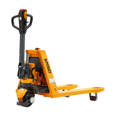 Apollolift 3300 Lb Electric Pallet Jack Truck With 48 By 27 Inch Forks, side view showing lifting mechanism and wheels.