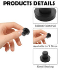 90 Piece Silicone Rubber Hole Plugs Kit With Vacuum Caps In 9 Sizes Flexible Sealing Stoppers Perfect For Powder Coating Bottles Bathtub Pipes And DIY Projects Multi-Purpose Black Stuff silicone plug shown in hand, black silicone material, 9 sizes