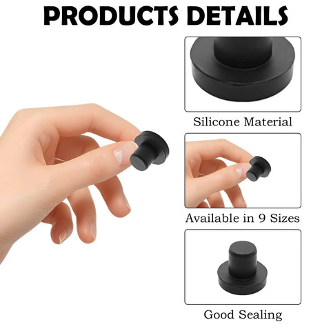 90 Piece Silicone Rubber Hole Plugs Kit With Vacuum Caps In 9 Sizes Flexible Sealing Stoppers Perfect For Powder Coating Bottles Bathtub Pipes And DIY Projects Multi-Purpose Black Stuff silicone plug shown in hand, black silicone material, 9 sizes