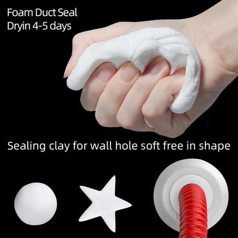 Hand holding 10 Pack Premium Waterproof Wall Repair Sealing Clay Duct Seal For Wall Holes Air Conditioning And Drain Pipes Quick Easy Fix For Leaks And Gaps Great For Diy Repairs Stays Flexible And Seals Fast, with shapes and pipe application.