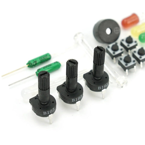 Potentiometers and components from All In One Beginner Electronics Kit With UNO R3 Board For Arduino IDE Learners 83 Labeled Components