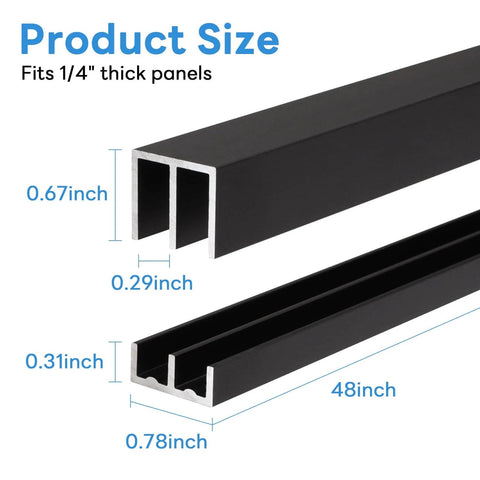 Metal Sliding Door Track Kit For 1/4-Inch Glass Panels, 48-Inch Black Track System dimensions and aluminum construction.