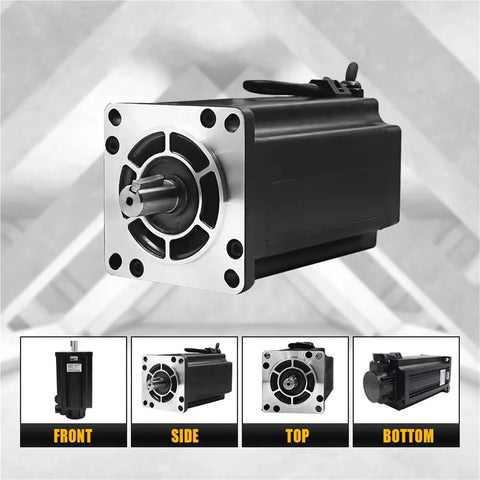 NEMA 42 three-phase closed-loop servo motor, front view with silver mounting flange and black housing