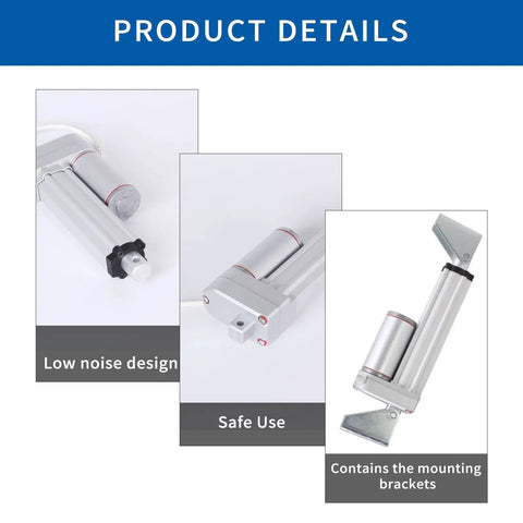 Product details of 12V Heavy Duty Linear Actuator, 12 Inch Stroke, 1000N Electric Actuator with Mounting Bracket shown in three angles.