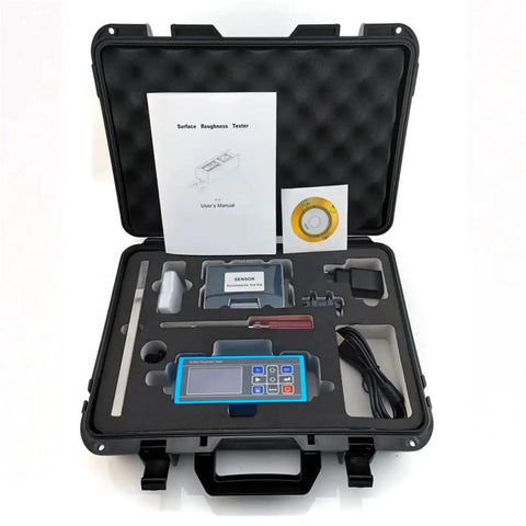 Portable Handheld Surface Roughness Tester Hella Precise Digital Gauge in protective case with user manual and accessories.