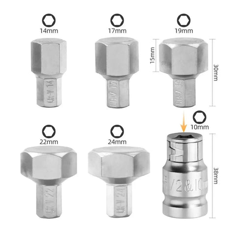 Big Size Allen Key Set With 6 Pieces For Electric Drill And Ratchet Wrench Kit Featuring Heavy Duty Hex Bits That Crush Stuck Bolts And Get The Job Done Fast Without Any Hassle. CR-V steel hex socket bits, 14mm to 24mm, for drill use.