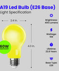 A19 Outdoor Bug Light LED Bulb, 60 Watt Equivalent, Non-Dimmable, E26 Base, showing light specifications and dimensions