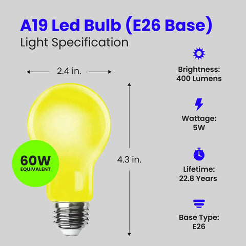 A19 Outdoor Bug Light LED Bulb, 60 Watt Equivalent, Non-Dimmable, E26 Base, showing light specifications and dimensions