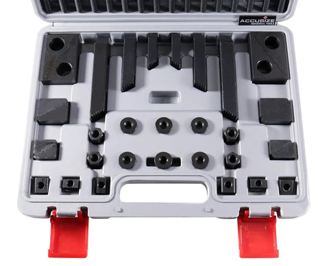 Pro-Grade Deluxe Steel Clamping Kit For 7/16 Inch Table Slot, 58-Piece Set in case, showing black oxide S45C steel components.