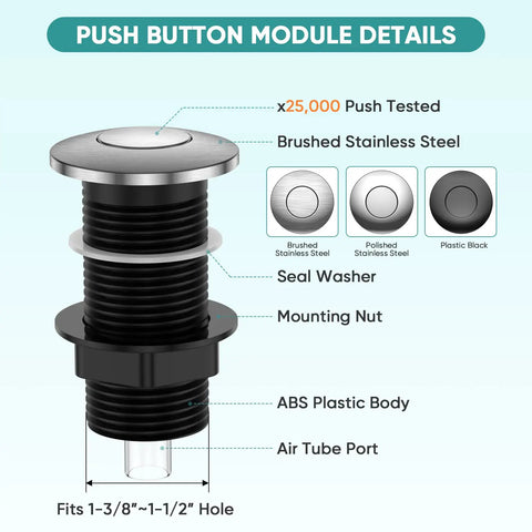 Diagram of sink top air push button switch kit for garbage disposals up to 2HP, brushed stainless steel, fits 1.25-1.5 inch hole