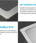 Close-up of 304 stainless steel single bowl bar sink, showcasing radius R10 corner for Stainless Steel Single Bowl Bar Sink For Undermount Prep In Small Kitchens 10 Inch By 17 Inch 8.5 Inch Deep 16 Gauge Includes Sink Strainer Waste Basket And Bottom Grid Scratch And Stain Resistant.