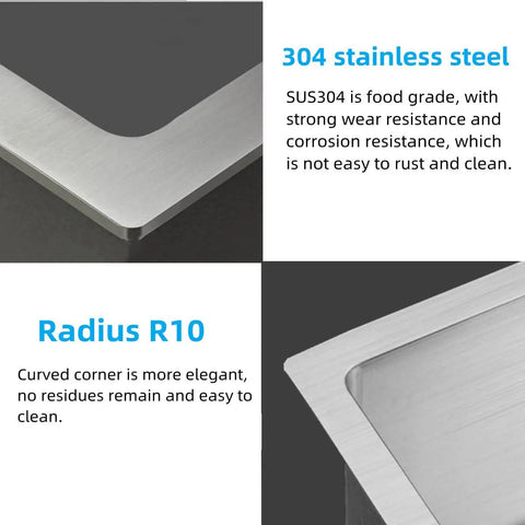Close-up of Drop In Kitchen Sink Single Bowl Stainless Steel 16 Gauge 304 Grade with Radius R10 corner detail