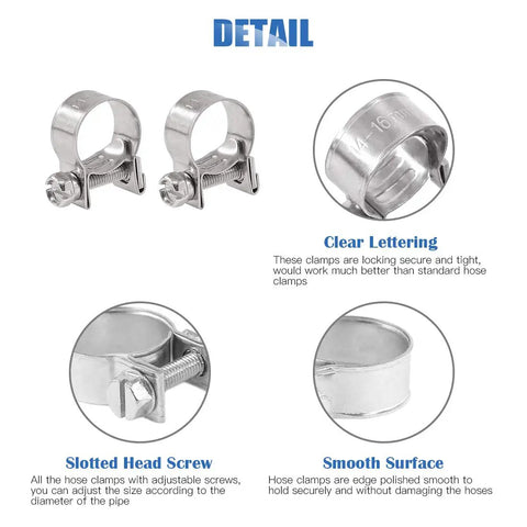 Image showing 12 Pack Stainless Steel Mini Heavy Duty Fuel Injection Hose Clamps Set 14 To 16 mm Diameter Adjustable Pipe Clip Tubing Clamps 9 Sixteenths To Five Eighths Inch Ideal For Automotive And DIY Projects with clear lettering, slotted head screw, and smooth surface details.