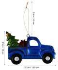 Blue Vintage Iron Christmas Truck Ornament For Christmas Tree, Rustic Farmhouse Style Hangable Pendant Decor, Small Vintage Pickup Ornament Hauling A Festive Tree Dope Holiday Decor, 5.3 inches