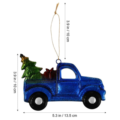 Blue Vintage Iron Christmas Truck Ornament For Christmas Tree, Rustic Farmhouse Style Hangable Pendant Decor, Small Vintage Pickup Ornament Hauling A Festive Tree Dope Holiday Decor, 5.3 inches