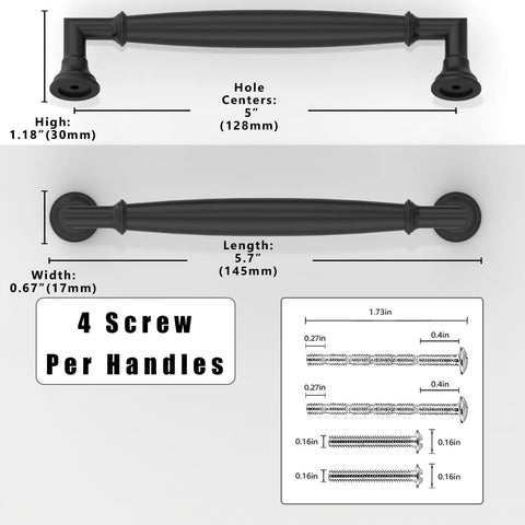 Matte Black Cabinet Pulls 10 Pack 5 Inch 128mm Solid Zinc Alloy Kitchen Cabinet Handles with dimensions and screws