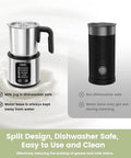 5 In 1 Stainless Steel Milk Frother And Steamer For Hot Or Cold Froth Pro Grade Latte Cappuccino Macchiato And Hot Chocolate Maker Auto Shutoff Anti Dry Burn Protection Easy To Clean Durable Kitchen Barista Tool with detachable parts shown on a white background