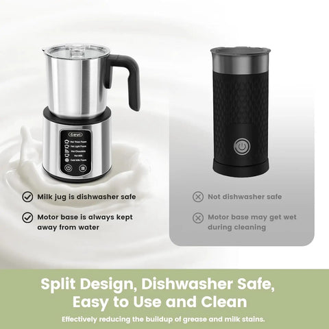 5 In 1 Stainless Steel Milk Frother And Steamer For Hot Or Cold Froth Pro Grade Latte Cappuccino Macchiato And Hot Chocolate Maker Auto Shutoff Anti Dry Burn Protection Easy To Clean Durable Kitchen Barista Tool with detachable parts shown on a white background